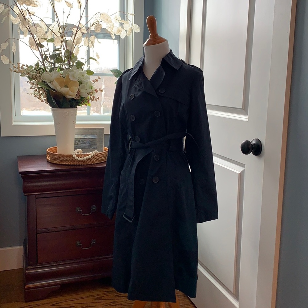 Blue trench coat.